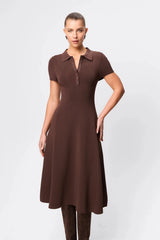 Petra Midi Dress in Chocolate by Mossman, a collared micro crepe knit midi dress with snap buttons and A-line skirt.