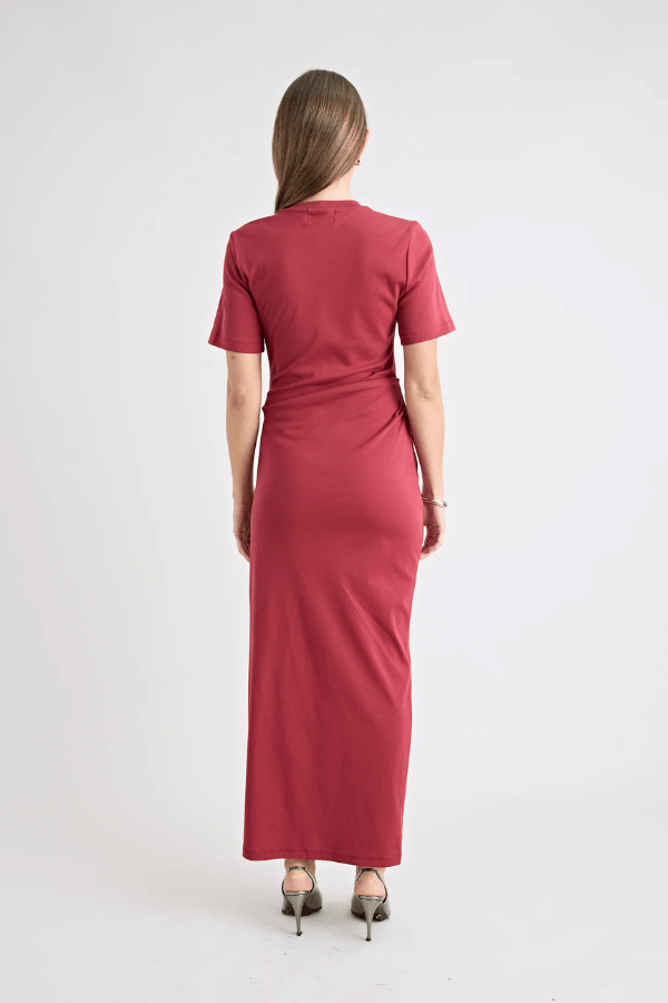 Pfeiffer Portia Dress in Cherry, a maxi T-shirt dress with hip tucks, side slit, and heavyweight cotton blend for structure and comfort.