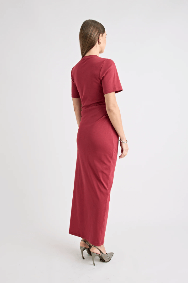 Pfeiffer Portia Dress in Cherry, a maxi T-shirt dress with hip tucks, side slit, and heavyweight cotton blend for structure and comfort.