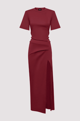 Pfeiffer Portia Dress in Cherry, a maxi T-shirt dress with hip tucks, side slit, and heavyweight cotton blend for structure and comfort.