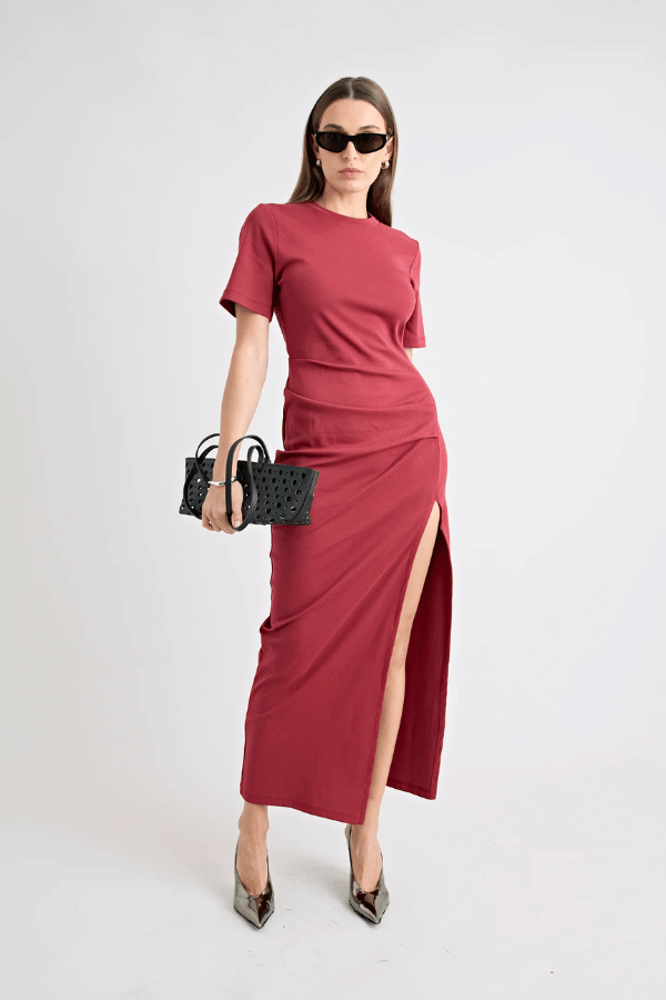 Pfeiffer Portia Dress in Cherry, a maxi T-shirt dress with hip tucks, side slit, and heavyweight cotton blend for structure and comfort.