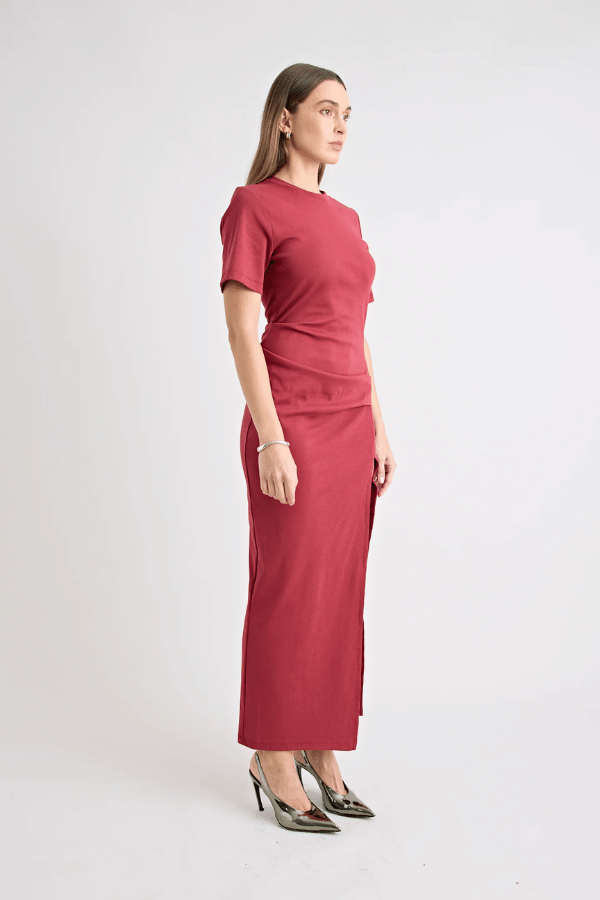 Pfeiffer Portia Dress in Cherry, a maxi T-shirt dress with hip tucks, side slit, and heavyweight cotton blend for structure and comfort.