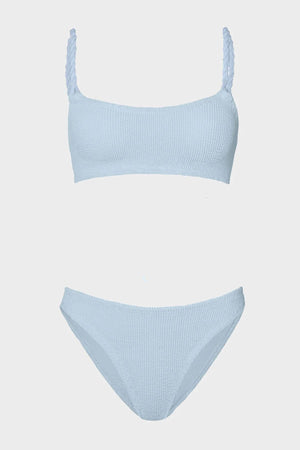 Phoebe Bikini Metallic Ice Blue by Hunza G - crinkle bikini with twisted straps and metallic finish, designed for a sculpted modern silhouette.