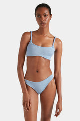 Phoebe Bikini Metallic Ice Blue by Hunza G - crinkle bikini with twisted straps and metallic finish, designed for a sculpted modern silhouette.
