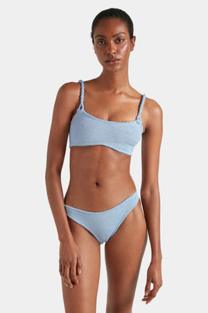 Phoebe Bikini Metallic Ice Blue by Hunza G - crinkle bikini with twisted straps and metallic finish, designed for a sculpted modern silhouette.
