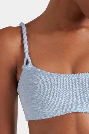 Phoebe Bikini Metallic Ice Blue by Hunza G - crinkle bikini with twisted straps and metallic finish, designed for a sculpted modern silhouette.