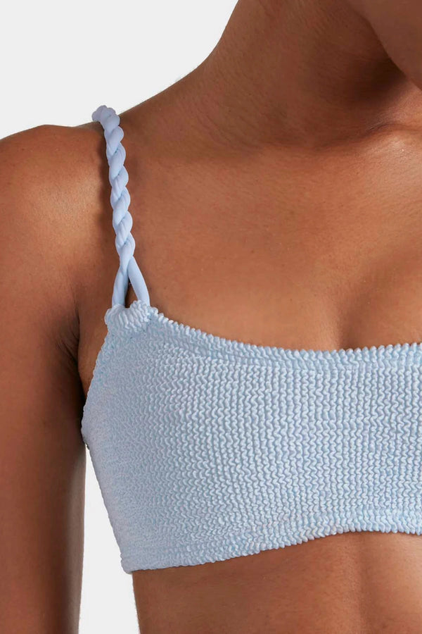 Phoebe Bikini Metallic Ice Blue by Hunza G - crinkle bikini with twisted straps and metallic finish, designed for a sculpted modern silhouette.