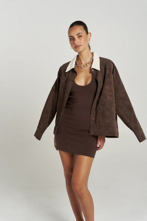 Phoebe Mini Dress Espresso by Summi Summi – fitted organic cotton knit mini dress with racerback silhouette.