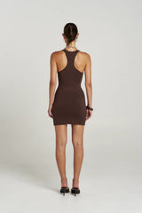 Phoebe Mini Dress Espresso by Summi Summi – fitted organic cotton knit mini dress with racerback silhouette.
