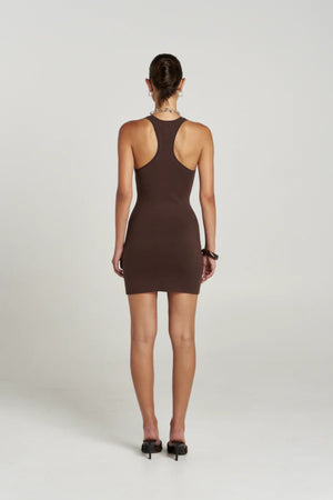 Phoebe Mini Dress Espresso by Summi Summi – fitted organic cotton knit mini dress with racerback silhouette.