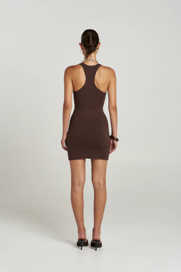 Phoebe Mini Dress Espresso by Summi Summi – fitted organic cotton knit mini dress with racerback silhouette.