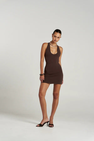 Phoebe Mini Dress Espresso by Summi Summi – fitted organic cotton knit mini dress with racerback silhouette.