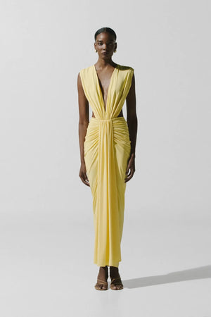 Pia Maxi Dress Giallo Chiaro by Baobab – ruched maxi dress with side cut outs, cascading details and front slit.