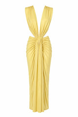 Pia Maxi Dress Giallo Chiaro by Baobab – ruched maxi dress with side cut outs, cascading details and front slit.