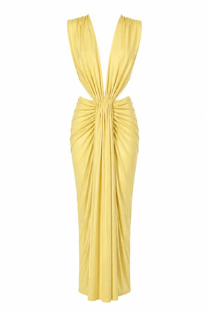 Pia Maxi Dress Giallo Chiaro by Baobab – ruched maxi dress with side cut outs, cascading details and front slit.