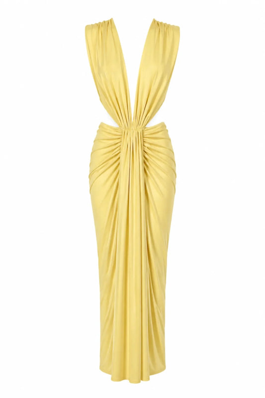 Pia Maxi Dress Giallo Chiaro by Baobab – ruched maxi dress with side cut outs, cascading details and front slit.