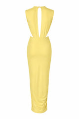 Pia Maxi Dress Giallo Chiaro by Baobab – ruched maxi dress with side cut outs, cascading details and front slit.