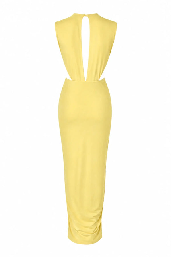 Pia Maxi Dress Giallo Chiaro by Baobab – ruched maxi dress with side cut outs, cascading details and front slit.