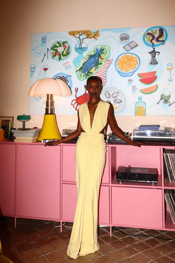 Pia Maxi Dress Giallo Chiaro by Baobab – ruched maxi dress with side cut outs, cascading details and front slit.