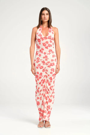 Pierre Maxi Dress Blushwood by Benni, halter maxi with ruching and flowing skirt, perfect for romantic occasions or evening events.