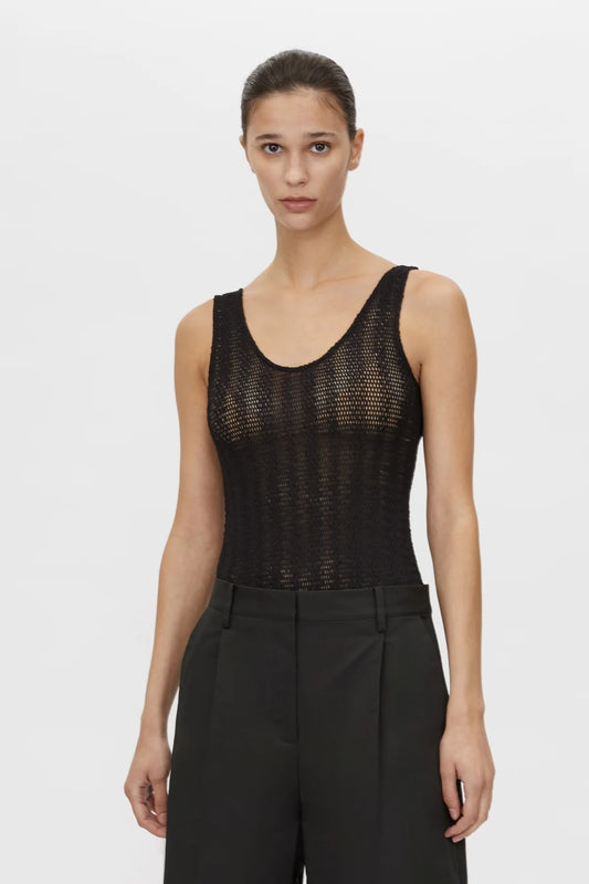 Pieta Bodysuit by Camilla and Marc – a black lace scoop bodysuit with soft jersey lining and snap closure, perfect for sleek layered looks.