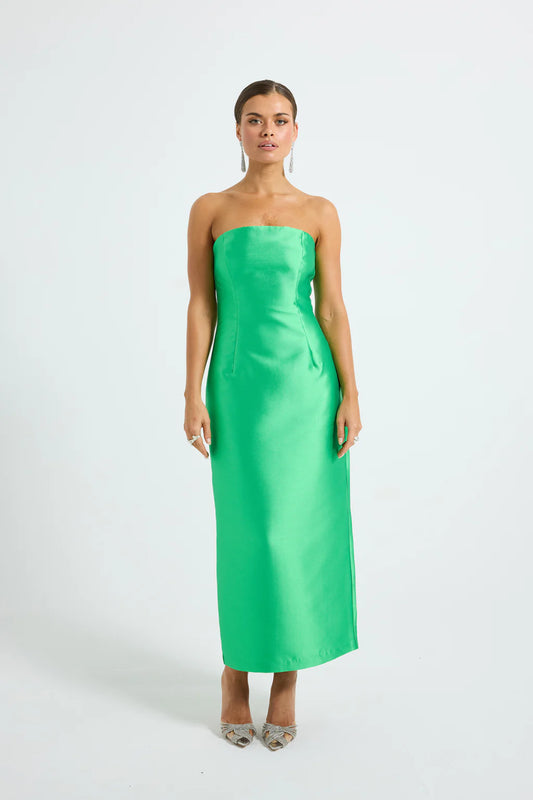Pippa Fitted Midi by Pasduchas — a clover-green strapless taffeta midi with a structured boned bodice and sleek fit, perfect for elegant events.
