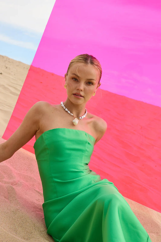 Pippa Fitted Midi by Pasduchas — a clover-green strapless taffeta midi with a structured boned bodice and sleek fit, perfect for elegant events.