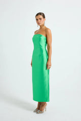Pippa Fitted Midi by Pasduchas — a clover-green strapless taffeta midi with a structured boned bodice and sleek fit, perfect for elegant events.