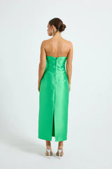 Pippa Fitted Midi by Pasduchas — a clover-green strapless taffeta midi with a structured boned bodice and sleek fit, perfect for elegant events.
