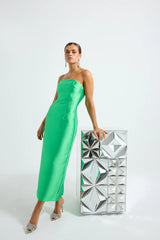 Pippa Fitted Midi by Pasduchas — a clover-green strapless taffeta midi with a structured boned bodice and sleek fit, perfect for elegant events.