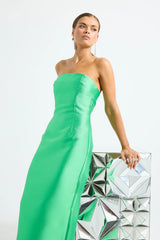 Pippa Fitted Midi by Pasduchas — a clover-green strapless taffeta midi with a structured boned bodice and sleek fit, perfect for elegant events.