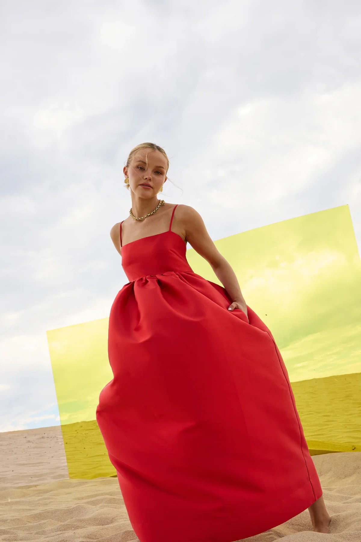 Pippa Flared Midi by Pasduchas — a poppy-red taffeta midi with adjustable straps and a full flowing skirt, perfect for elegant occasion wear.