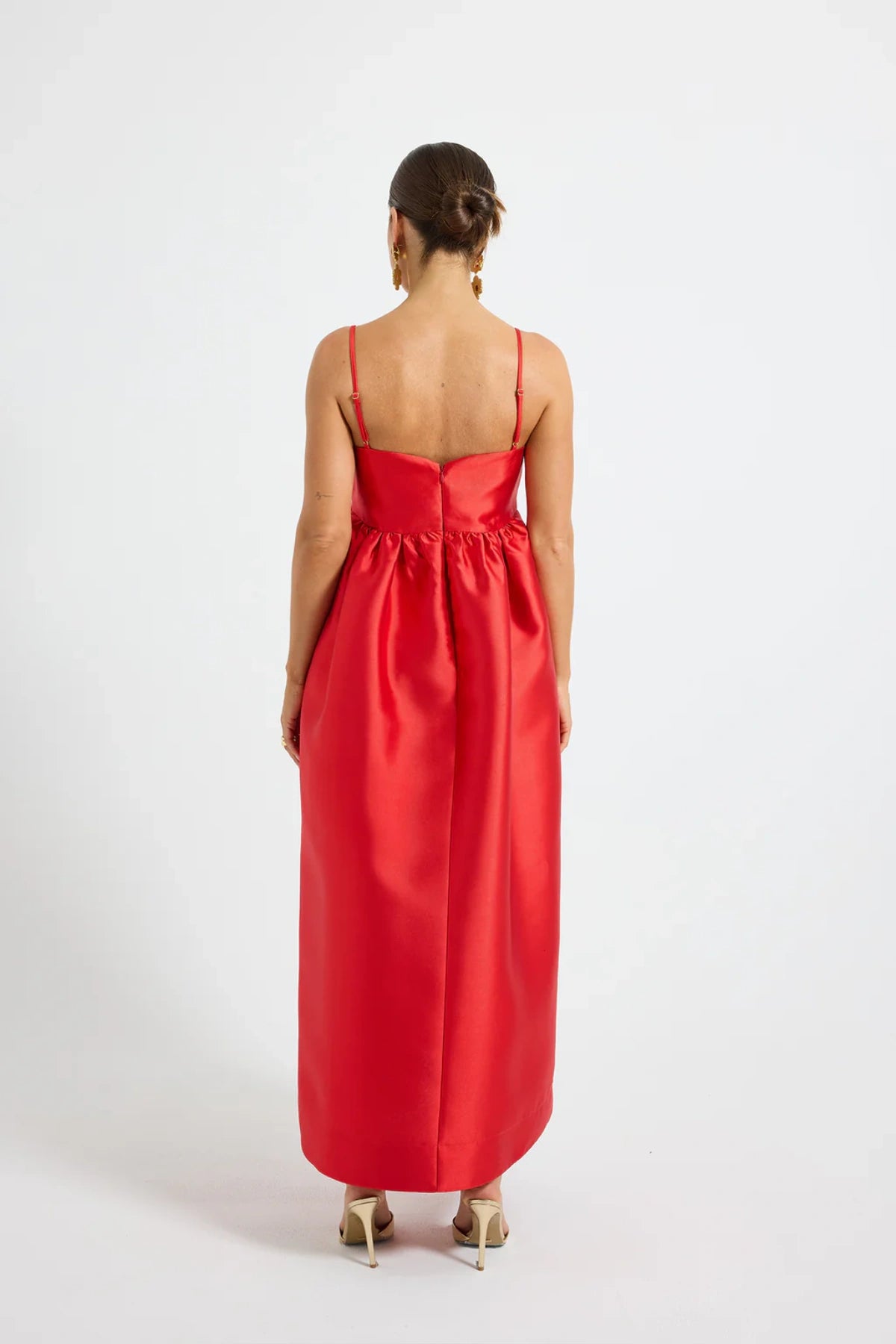 Pippa Flared Midi by Pasduchas — a poppy-red taffeta midi with adjustable straps and a full flowing skirt, perfect for elegant occasion wear.