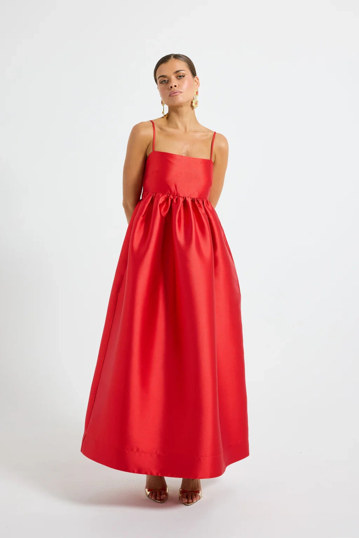 Pippa Flared Midi by Pasduchas — a poppy-red taffeta midi with adjustable straps and a full flowing skirt, perfect for elegant occasion wear.