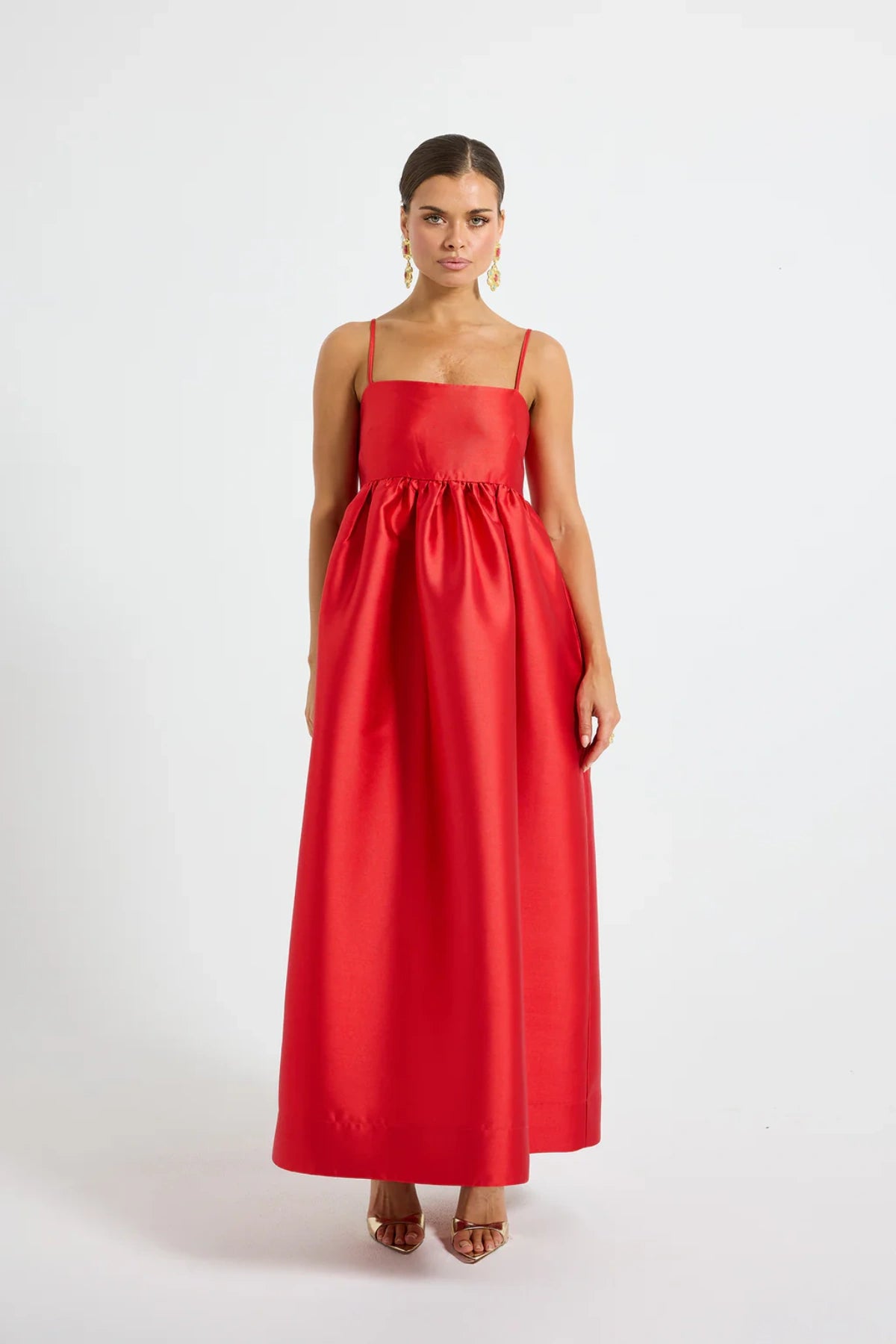 Pippa Flared Midi by Pasduchas — a poppy-red taffeta midi with adjustable straps and a full flowing skirt, perfect for elegant occasion wear.