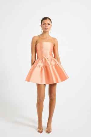 Pippa Mini Dress by PASDUCHAS, a strapless taffeta mini with boned bodice and flared hem. Perfect for weddings or summer events.