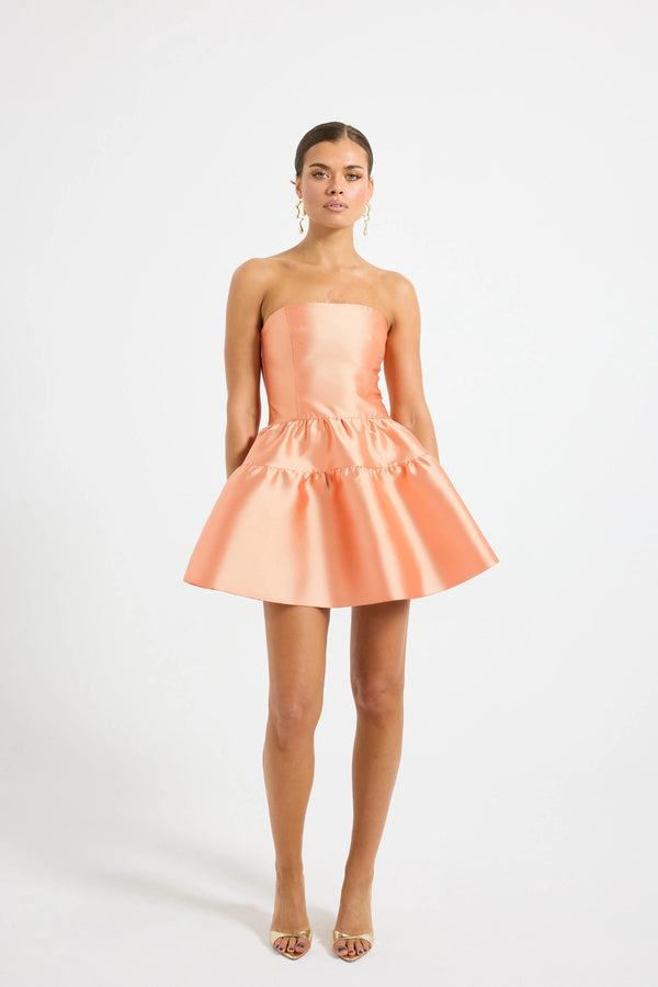 Pippa Mini Dress by PASDUCHAS, a strapless taffeta mini with boned bodice and flared hem. Perfect for weddings or summer events.