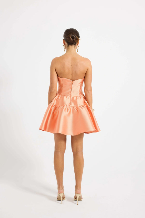 Pippa Mini Dress by PASDUCHAS, a strapless taffeta mini with boned bodice and flared hem. Perfect for weddings or summer events.