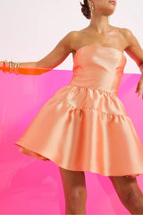 Pippa Mini Dress by PASDUCHAS, a strapless taffeta mini with boned bodice and flared hem. Perfect for weddings or summer events.