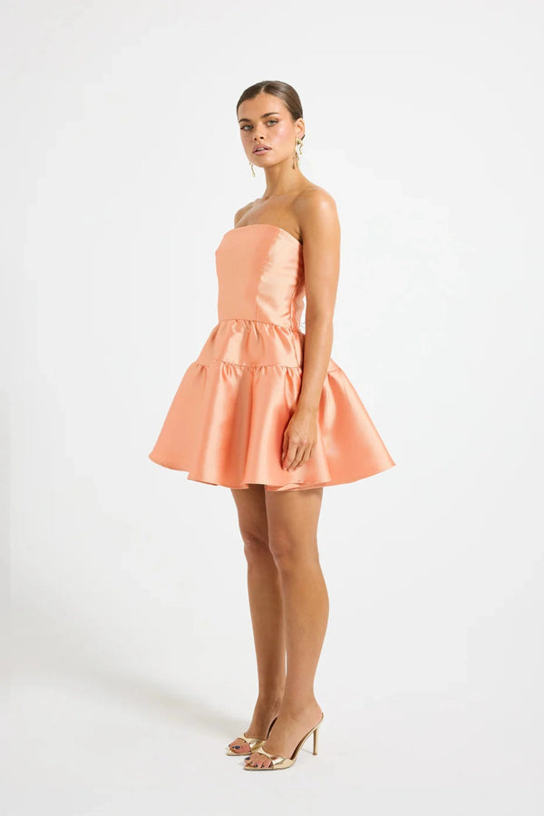Pippa Mini Dress by PASDUCHAS, a strapless taffeta mini with boned bodice and flared hem. Perfect for weddings or summer events.