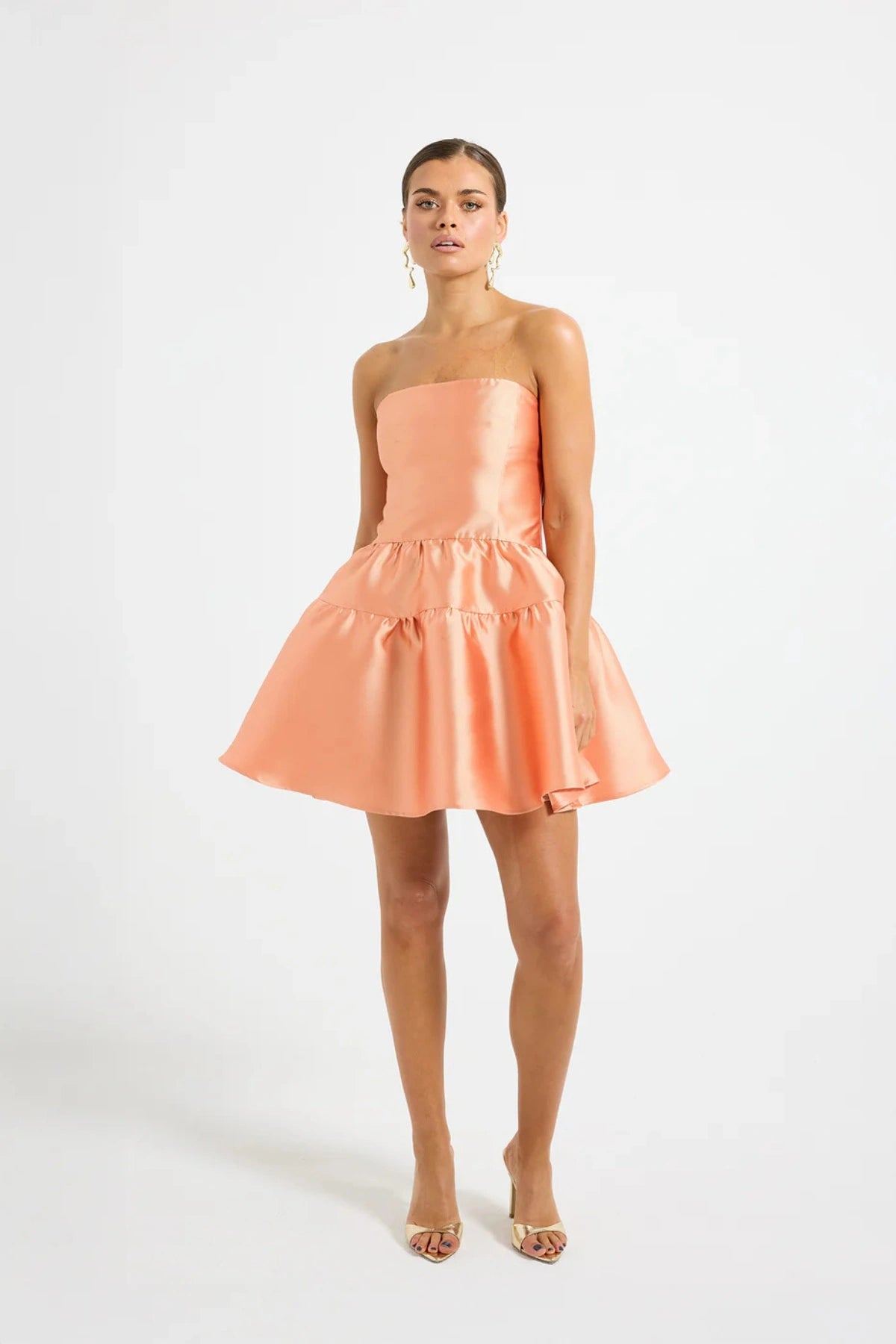 Pippa Mini Dress by PASDUCHAS, a strapless taffeta mini with boned bodice and flared hem. Perfect for weddings or summer events.