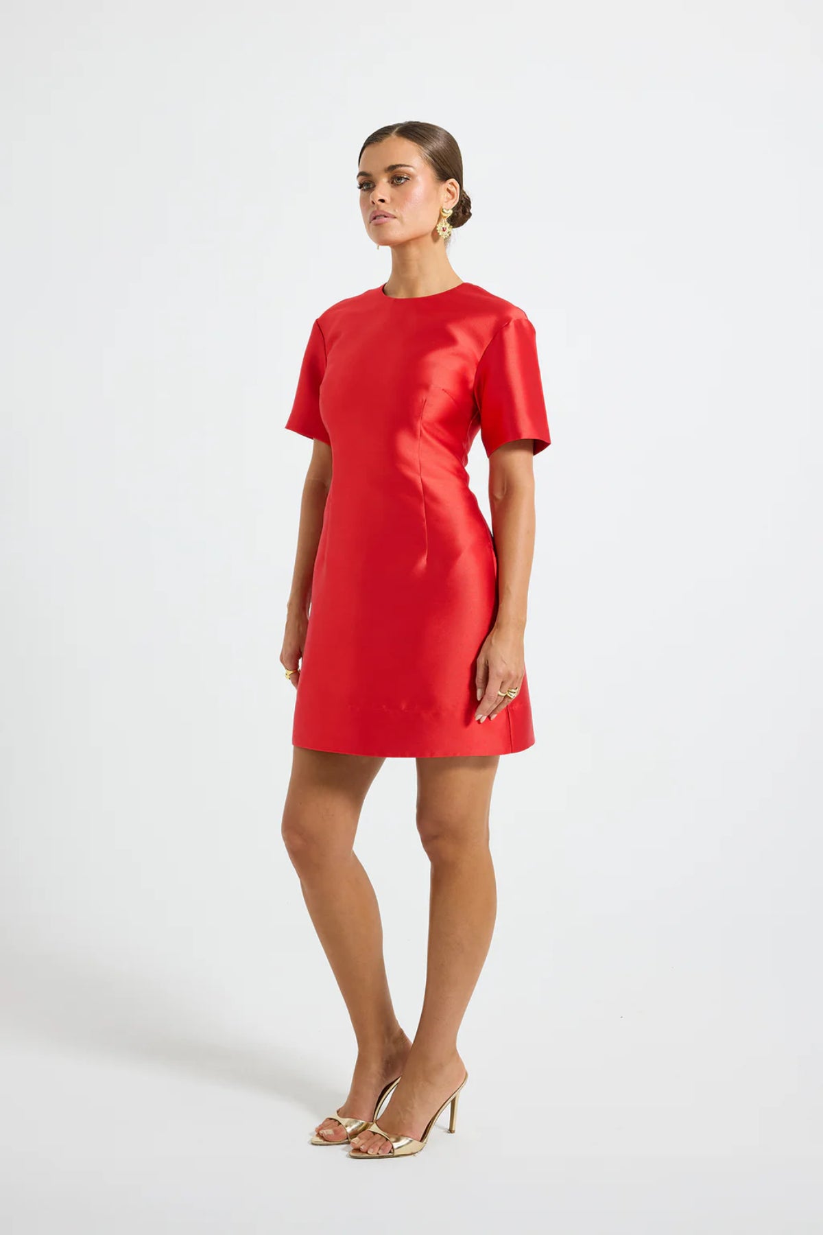 Pippa Sleeve Mini Dress by Pasduchas — a lustrous taffeta mini with short sleeves and a fitted silhouette, perfect for polished occasion styling.