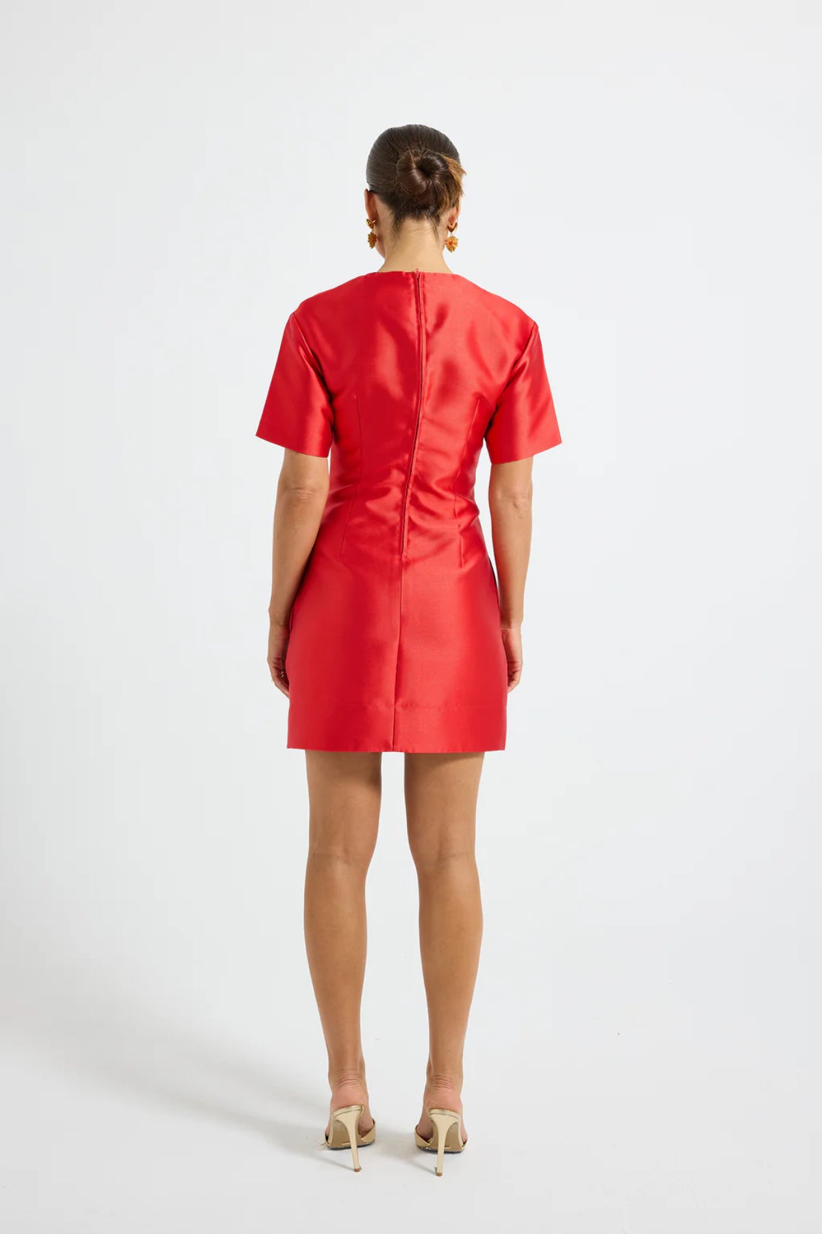 Pippa Sleeve Mini Dress by Pasduchas — a lustrous taffeta mini with short sleeves and a fitted silhouette, perfect for polished occasion styling.