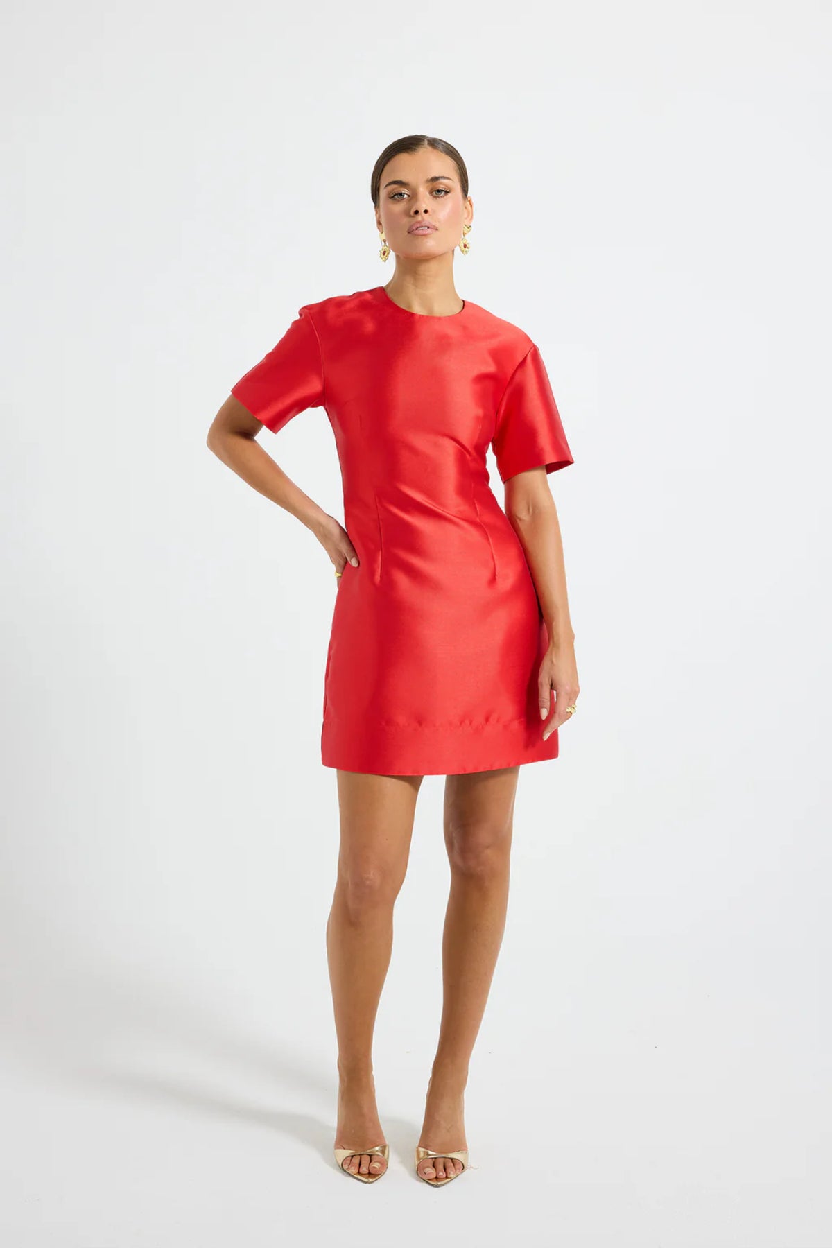 Pippa Sleeve Mini Dress by Pasduchas — a lustrous taffeta mini with short sleeves and a fitted silhouette, perfect for polished occasion styling.