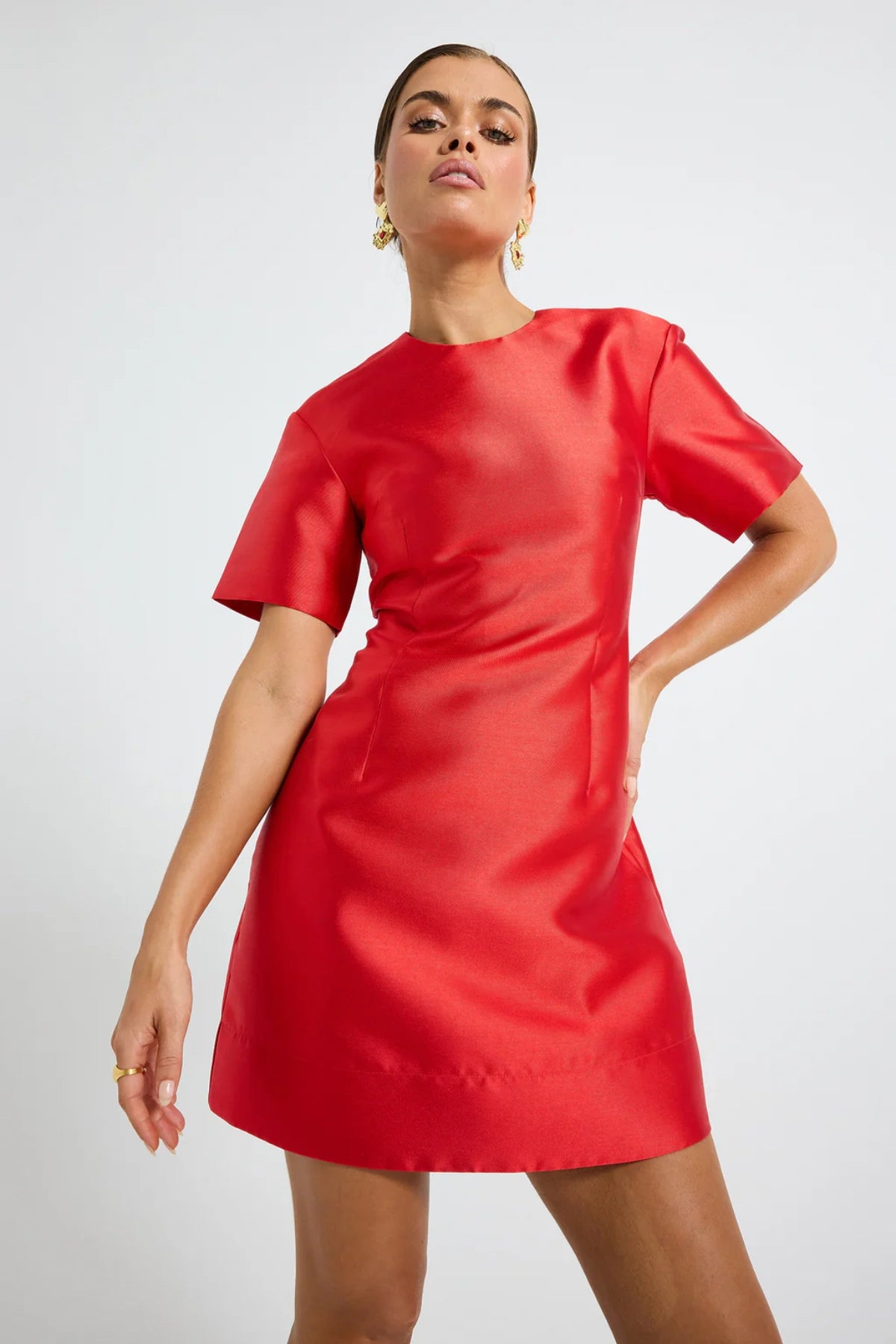 Pippa Sleeve Mini Dress by Pasduchas — a lustrous taffeta mini with short sleeves and a fitted silhouette, perfect for polished occasion styling.