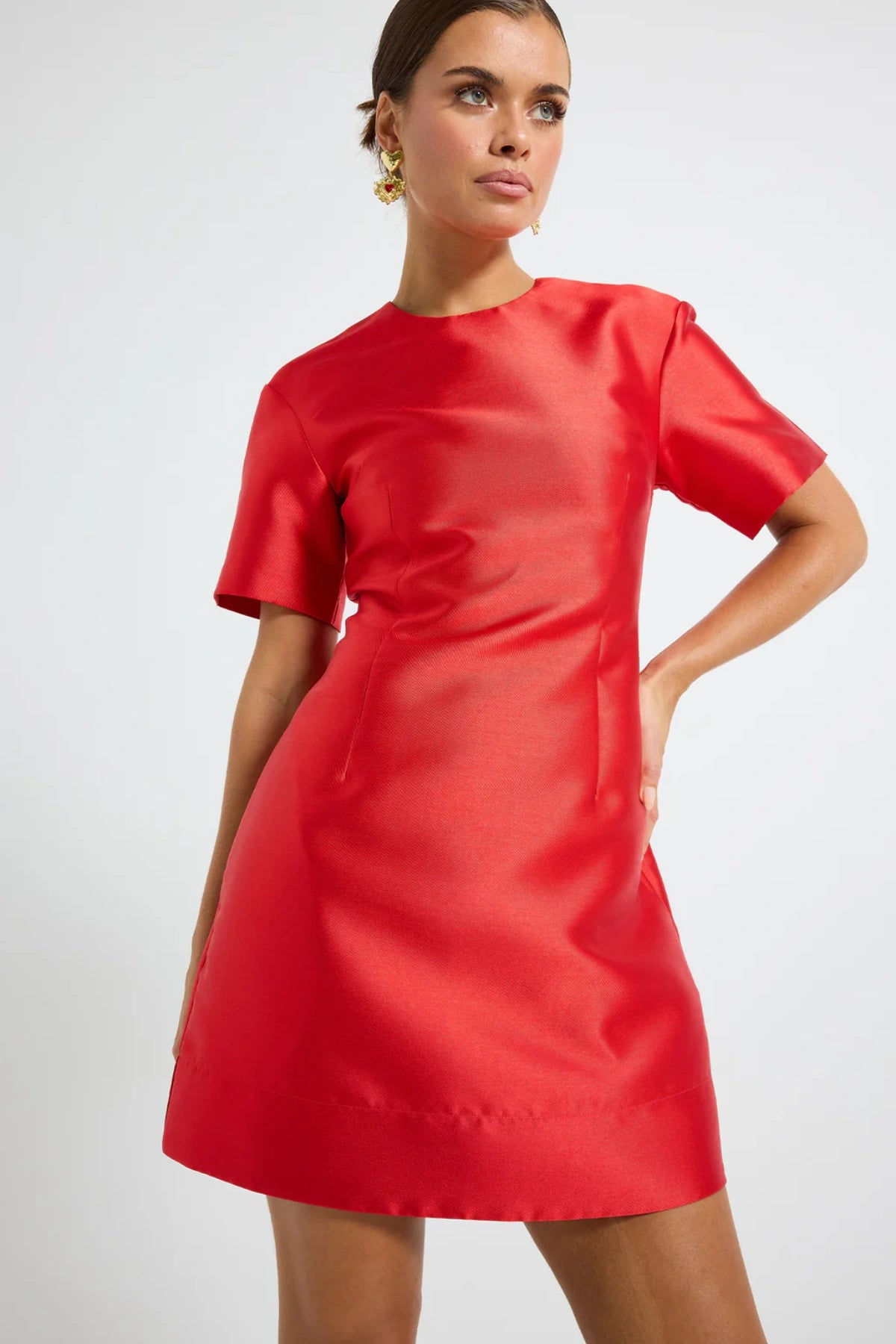 Pippa Sleeve Mini Dress by Pasduchas — a lustrous taffeta mini with short sleeves and a fitted silhouette, perfect for polished occasion styling.