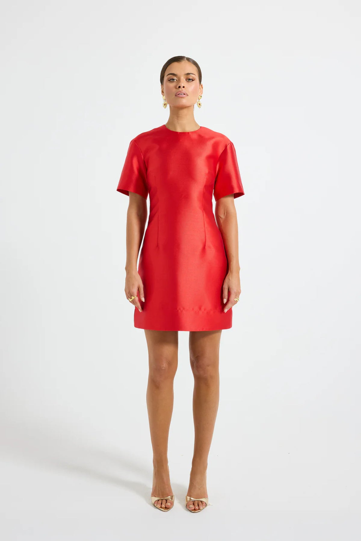 Pippa Sleeve Mini Dress by Pasduchas — a lustrous taffeta mini with short sleeves and a fitted silhouette, perfect for polished occasion styling.