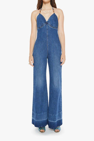 Platform Heel Over The Top by MOTHER, denim jumpsuit with halter neckline and wide leg fit. Perfect for statement outfits or standout looks.