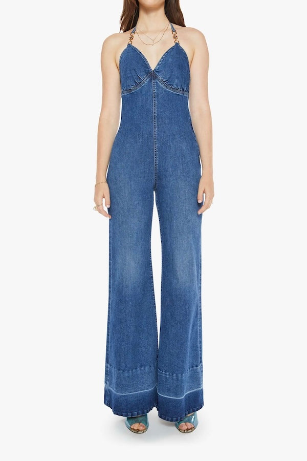 Platform Heel Over The Top by MOTHER, denim jumpsuit with halter neckline and wide leg fit. Perfect for statement outfits or standout looks.