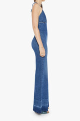Platform Heel Over The Top by MOTHER, denim jumpsuit with halter neckline and wide leg fit. Perfect for statement outfits or standout looks.